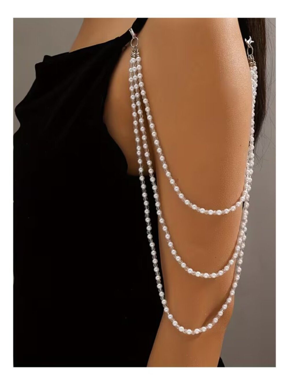 Glamour Drape Pearl Shoulder Chains Three-Layer Statement for Sleeveless Gowns - Picture 2 of 5
